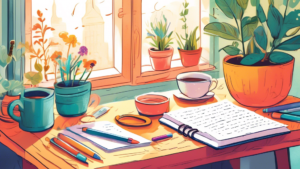 Create an uplifting and vibrant illustration featuring a cozy writing corner with a notebook and colorful pens spread out. The scene should have a sunny wi