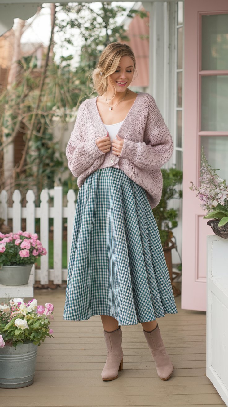 Gingham Midi Skirt With a Cozy Knitted Cardigan
