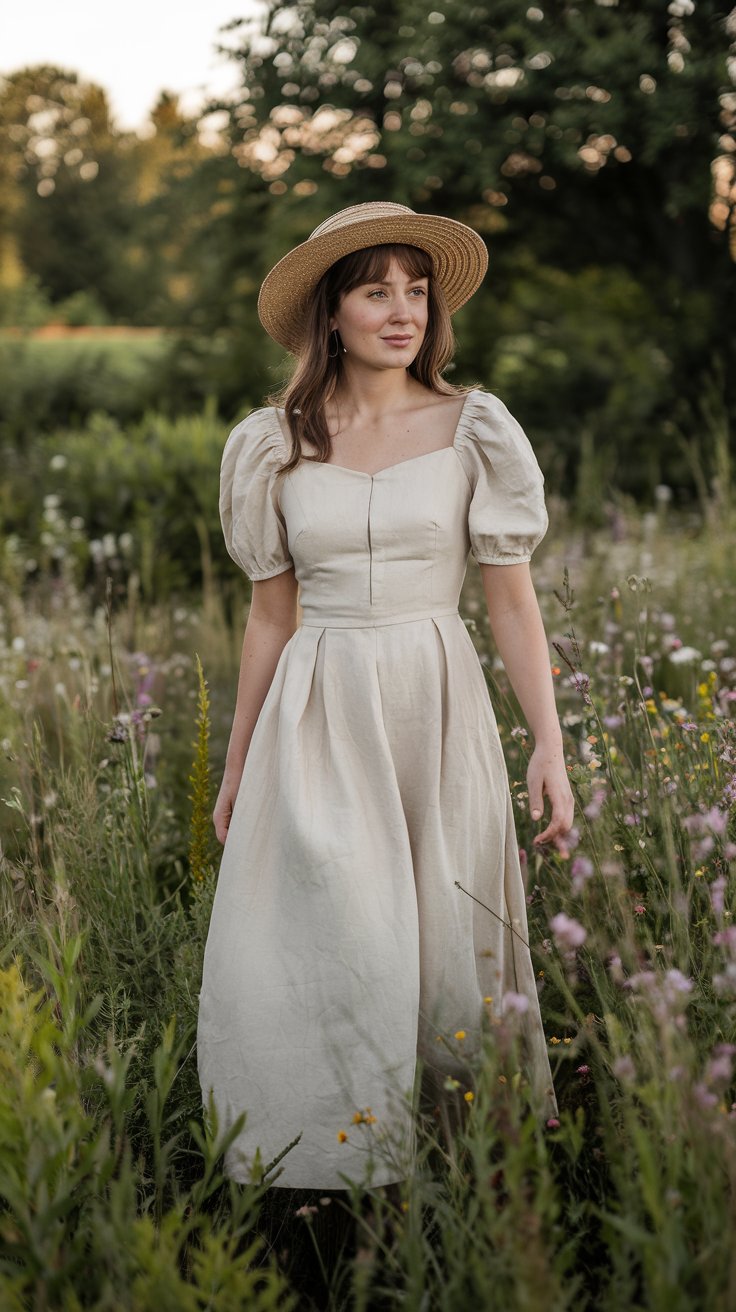 Soft Linen Sundress With Puff Sleeves